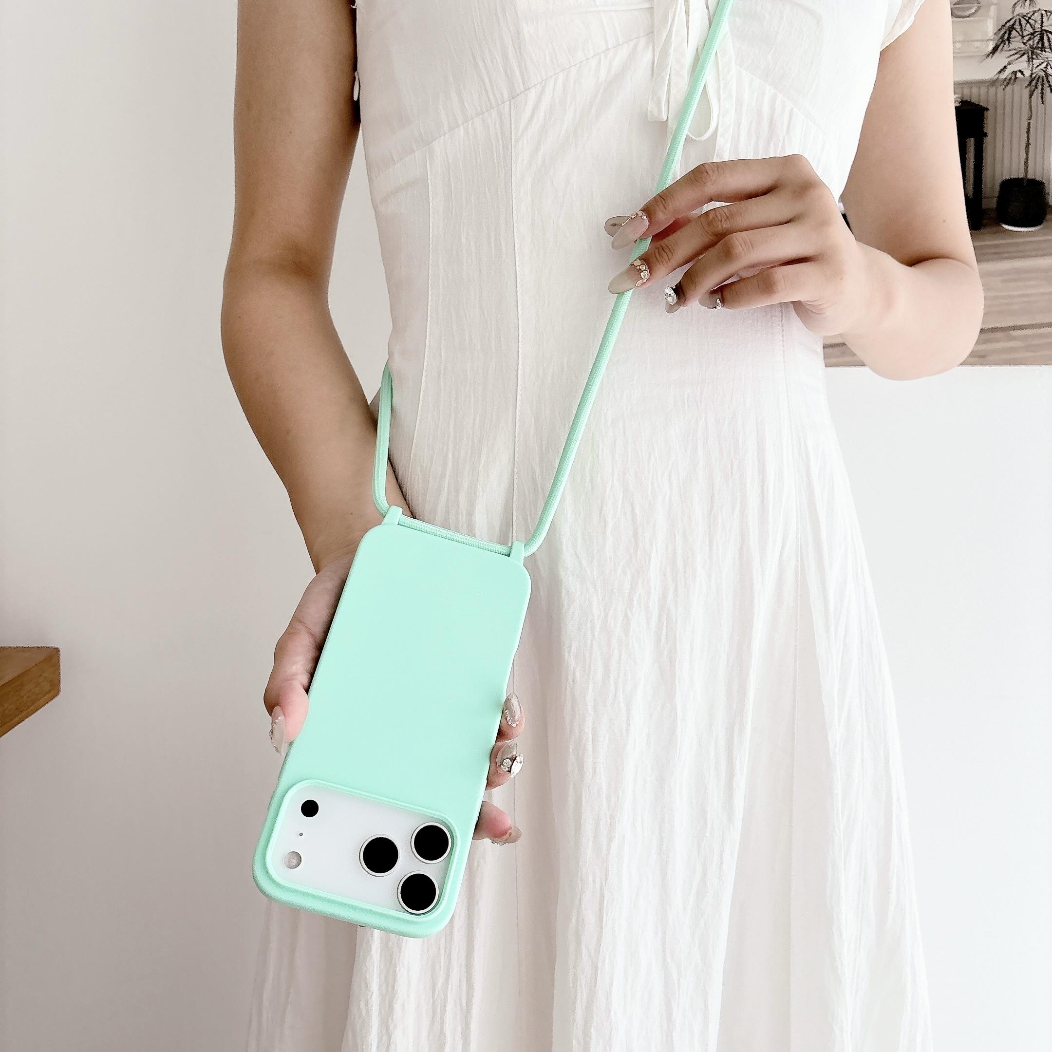Pour iPhone Air Cordon Tour de Cou Cordon Silicone Liquide Coque Souple Pour iPhone 17 16 15 Pro Max Sangle Mate antichoc Couleurs Bonbon Silicon&Case & Strap&iPhone 16 Pro vert menthe