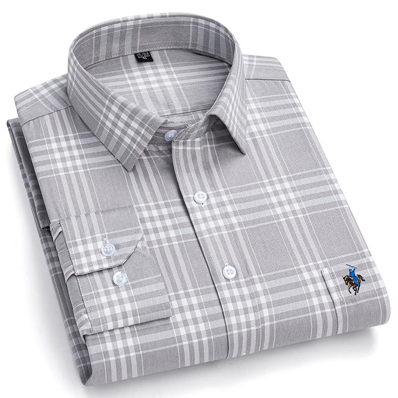 Pure Cotton Plaid Shirts for Men Logo Long Sleeve Quality Formal Business Man Shirt