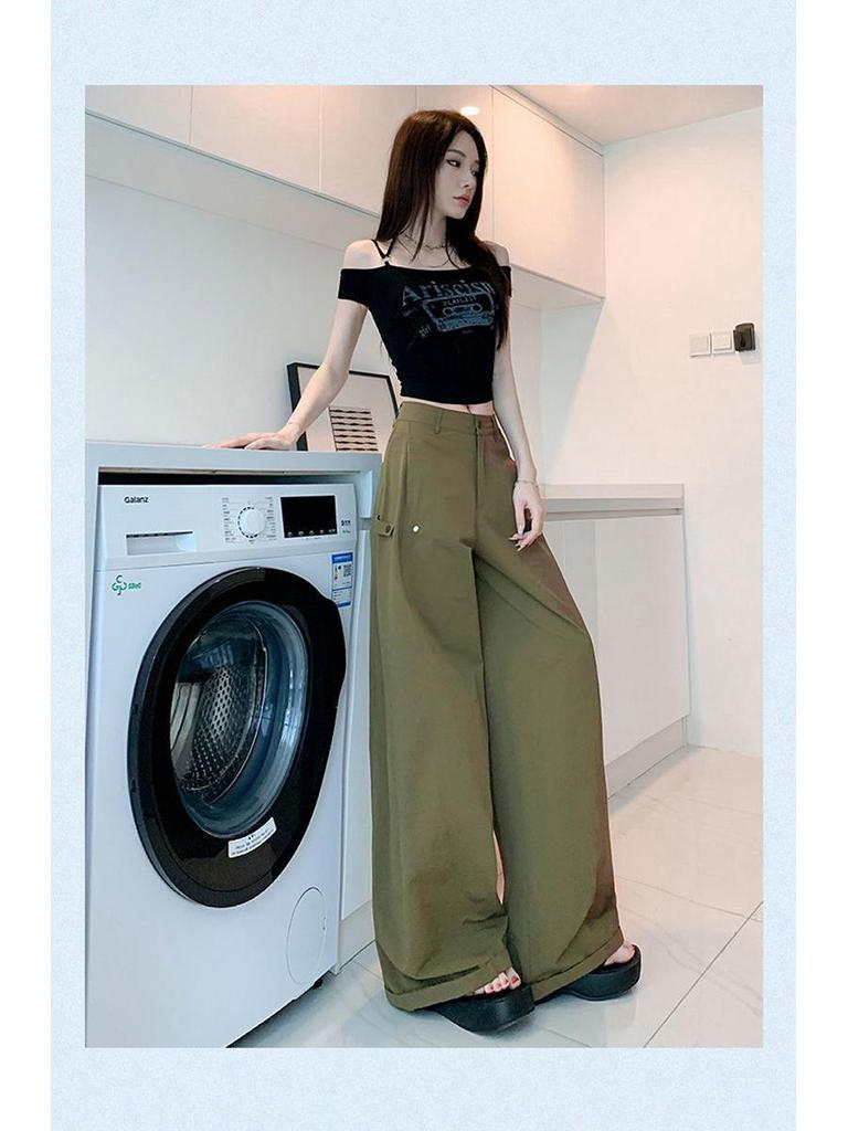 Women's American Style Green Wide-Leg Workwear Pants - Summer Loose Fit, Thin, Floor-Length, Casual 2026.