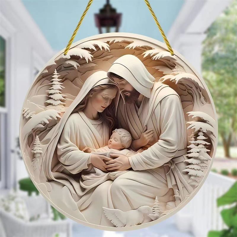 15CM Acrylic Round Jesus Christmas Hanging Ornament Flat Visual Design Creative Home Decoration Wall Door Pendant Holiday Decor