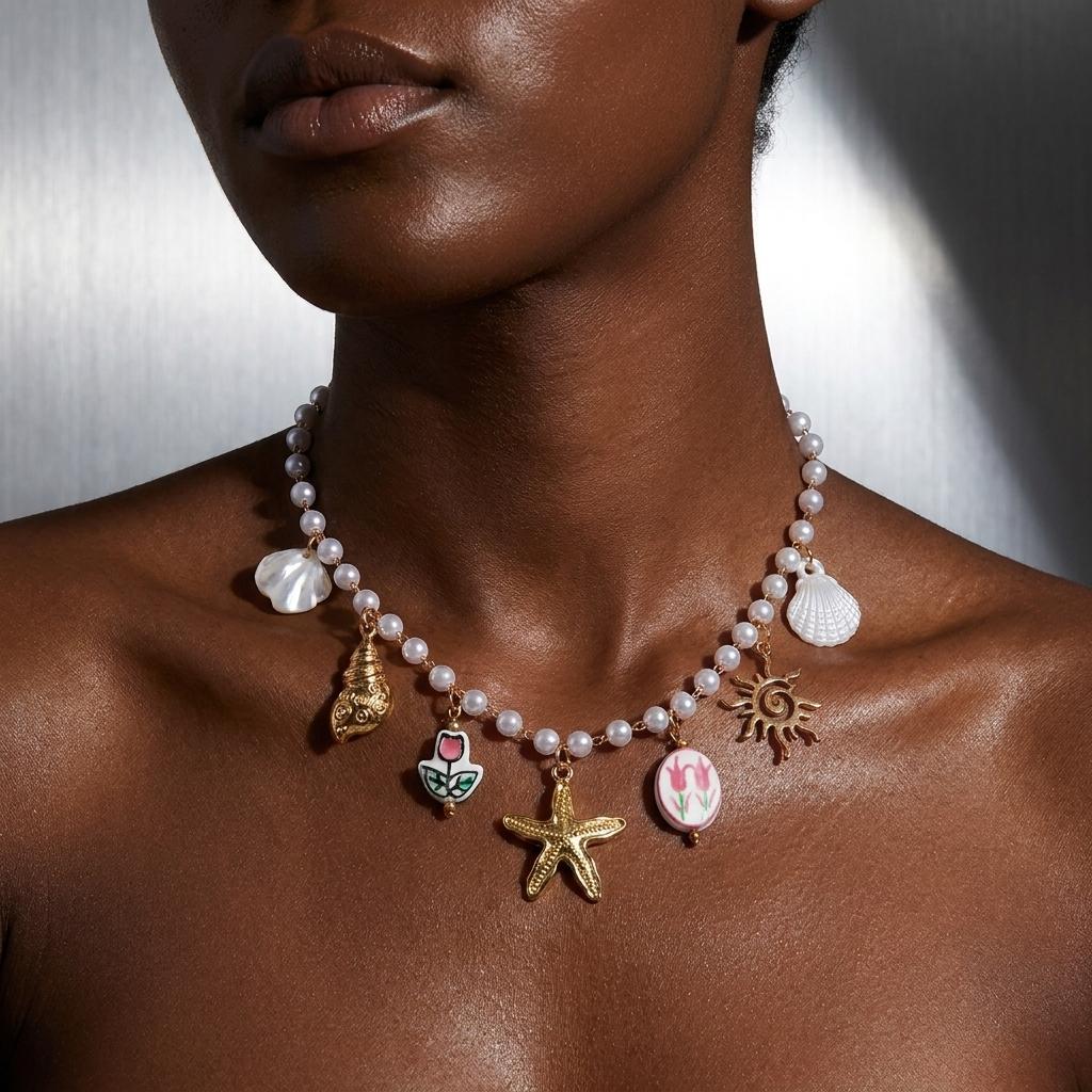 Bohemian Imitation Pearl Beaded Chain Necklace for Women Ocean Series Starfish Shell Conch Pendant Choker Beach Party Jewelry