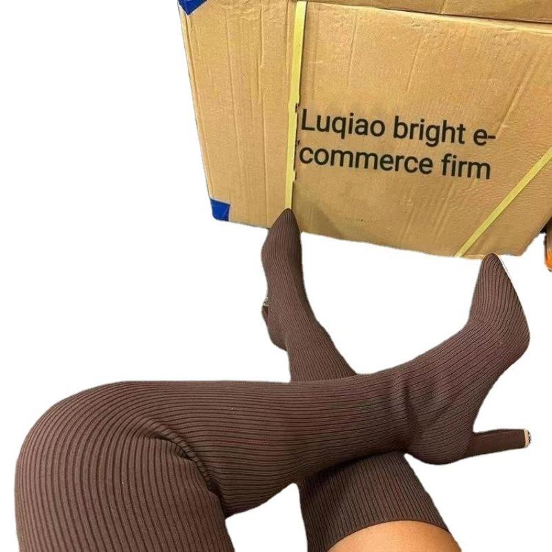 Autumn and winter pointed head thick heel knitted knee boots women's large size elastic wool stockings boots women