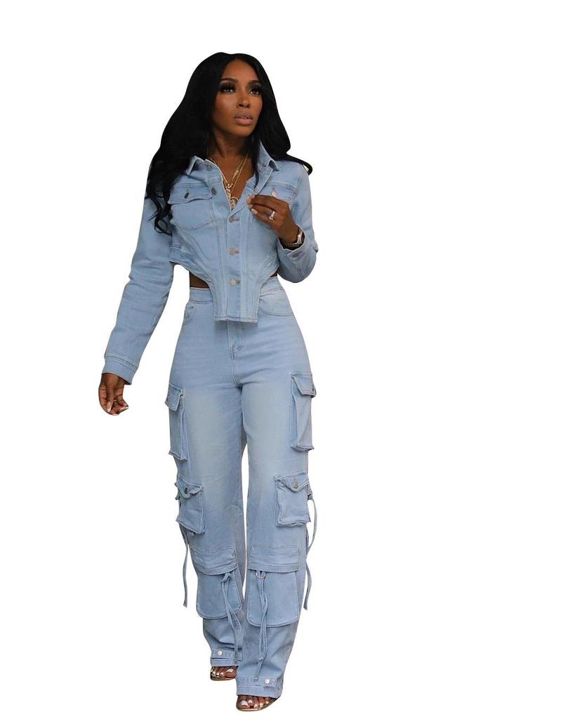 European & American Women's Casual Washed Denim Set