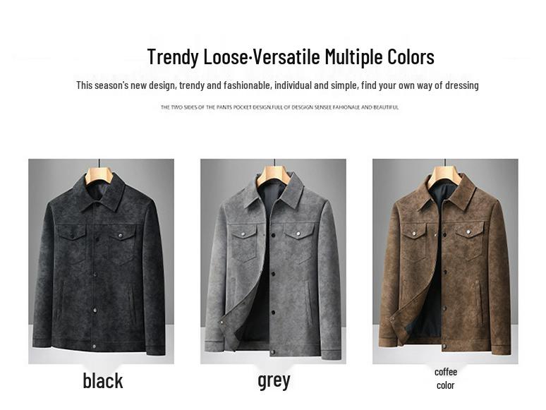 2025 Autumn/Winter Plus Size Men's Suede Leather Warm Jacket with Lapel