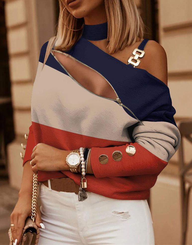 Tops de Mujer Otoño/Invierno Manga Larga Cuello Halter de Cadena Estampados Decorados con Botones