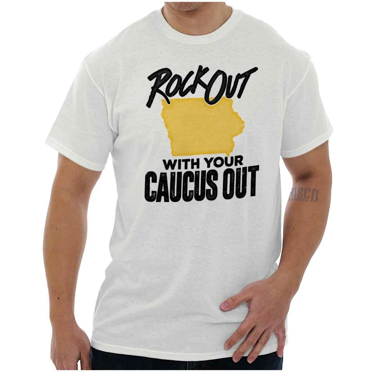 Rock Out With Your Caucus Out Iowa Pride US Adult Short Sleeve Crewneck Tee XXXXL