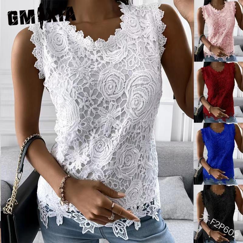 GMXIA Women's Summer Sleeveless O-Neck Top Vest and Lace Blouse