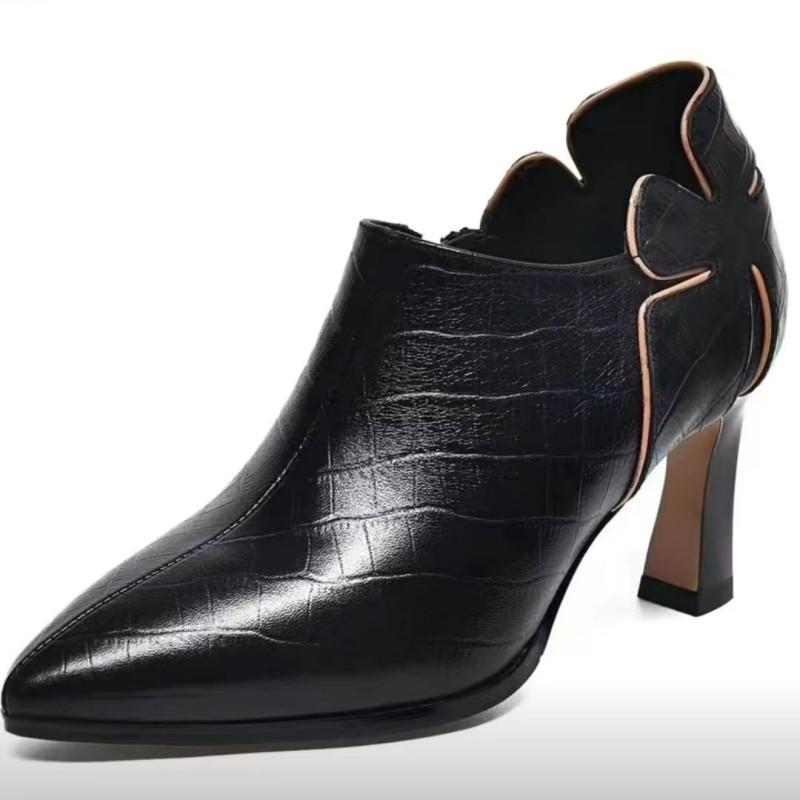 Fashion Deep Mouth Solid Color Single Shoes 2024 Spring and Autumn New Thick Heel Fashion All-match Pointed Side Zipper Leather Shoes