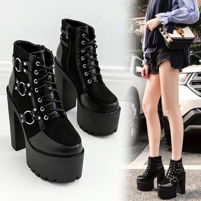 Fashion Motorcycle Boots Women Platform Heels Casual Shoes Lacing Round Toe Shoes Autumn Boots