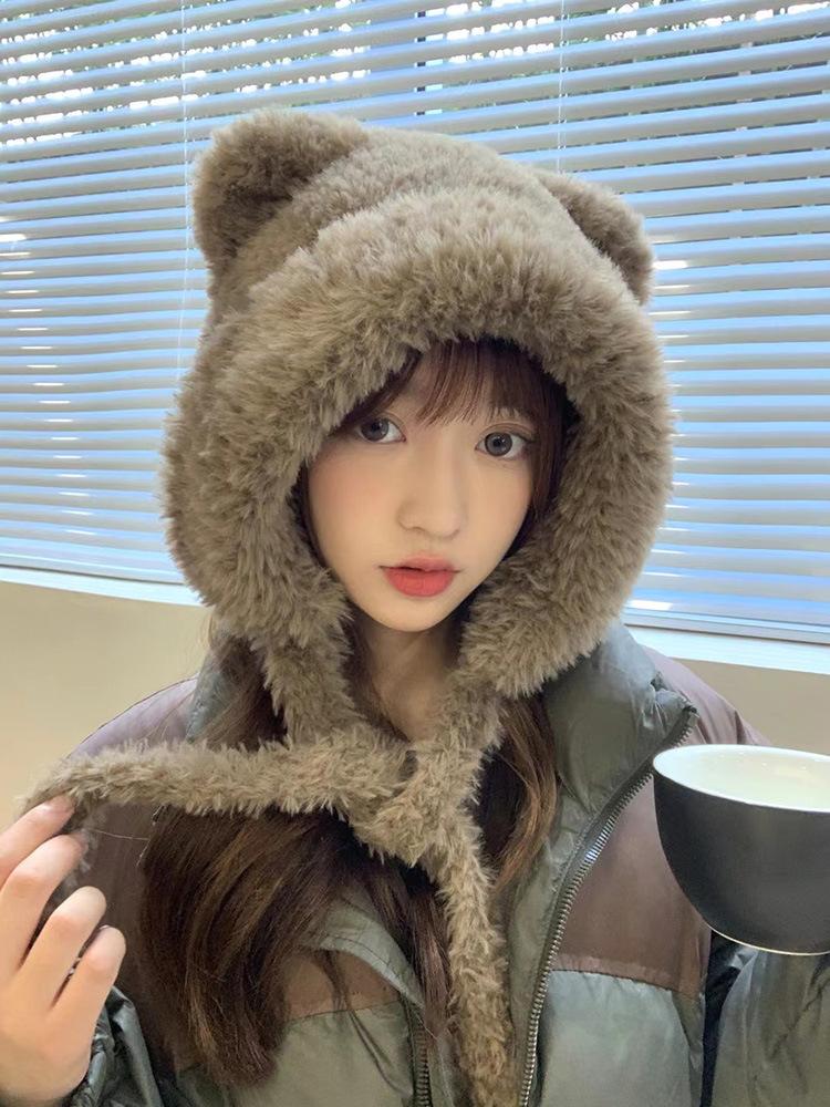 Cute Plush Bear Ears Hat Female Autumn and Winter Warm Ear Protection Big Head Circumference Shows a Small Tide