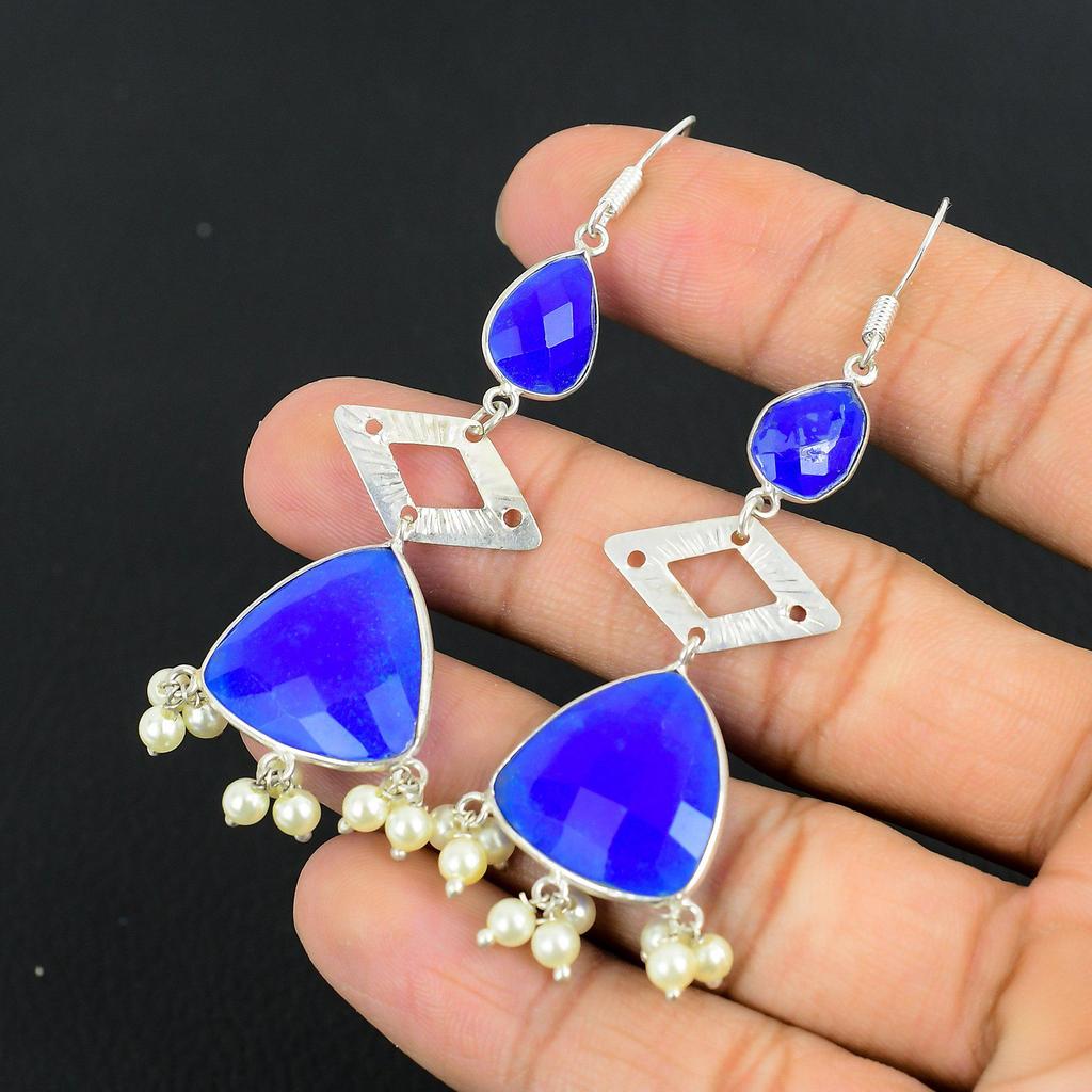 Natural Blue Saphire Gemstone Drop/Dangle Earrings 925 Silver For Women