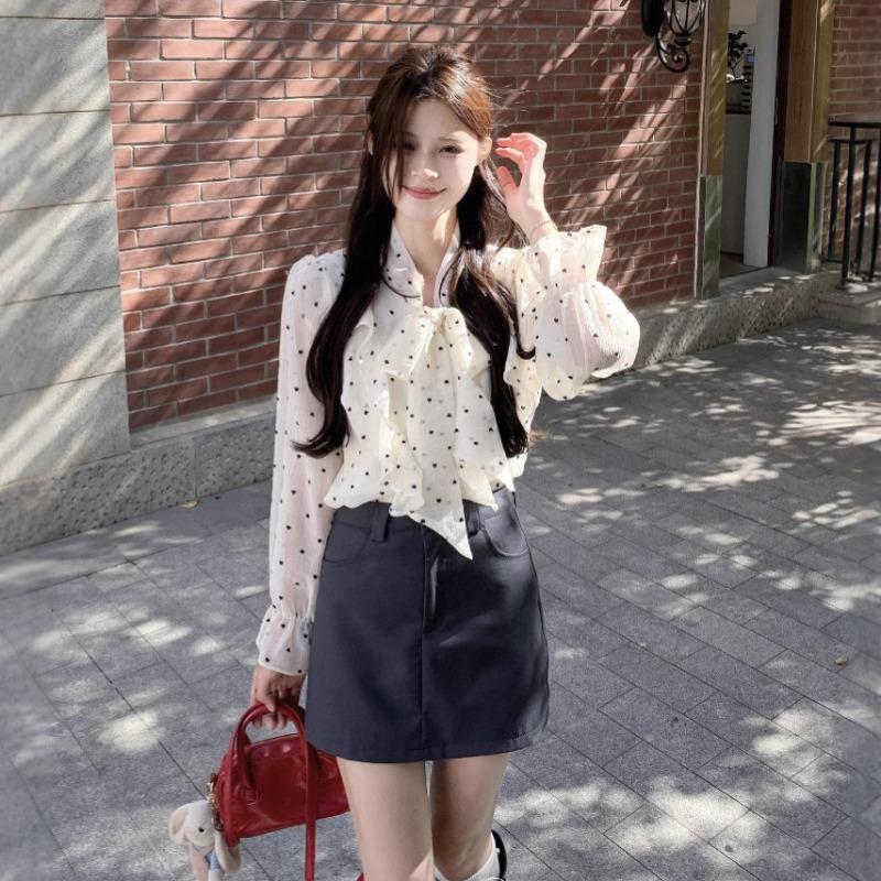 New French High-end Ruffled Polka-dot Shirt for Women Spring and Autumn Design Loose and Chic Top with Straps