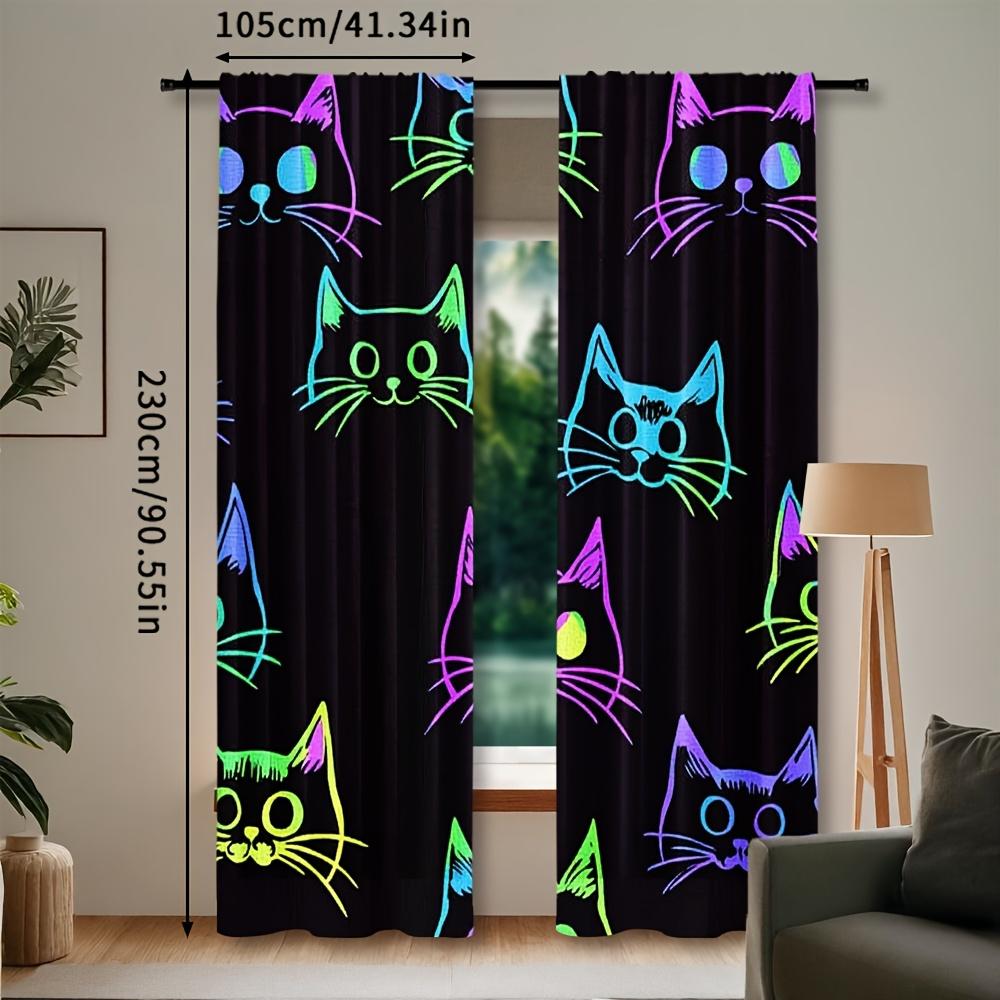 Set Of 2 Fluorescent Cat Print Curtains Installation Polyester Drapes Bedroom Living Room Curtain Sheer For Great Made With Rod Pocket
