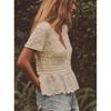 Summer Women's Clothing Cut Out Embroider Decoration Patchwork Knitting Romantic Style round Neck Short Sleeve Tops 8082004
