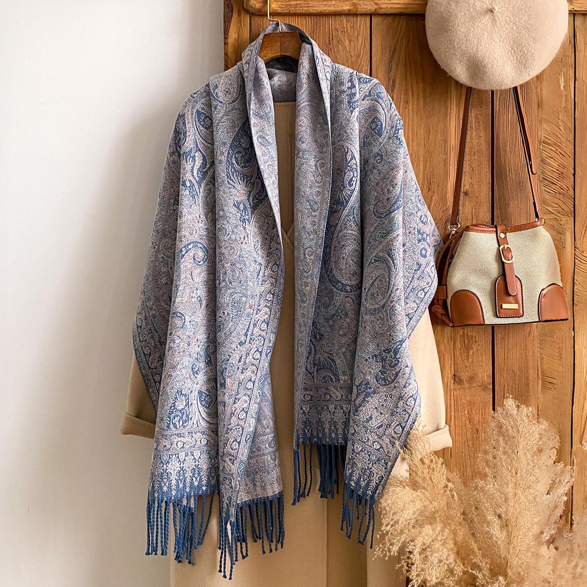 Rand Fashion Damen Winter Kaschmir Schal - Vintage Floral Bedruckter Fransenölmalerei Stil Pashmina Dicke Wickel & Schal