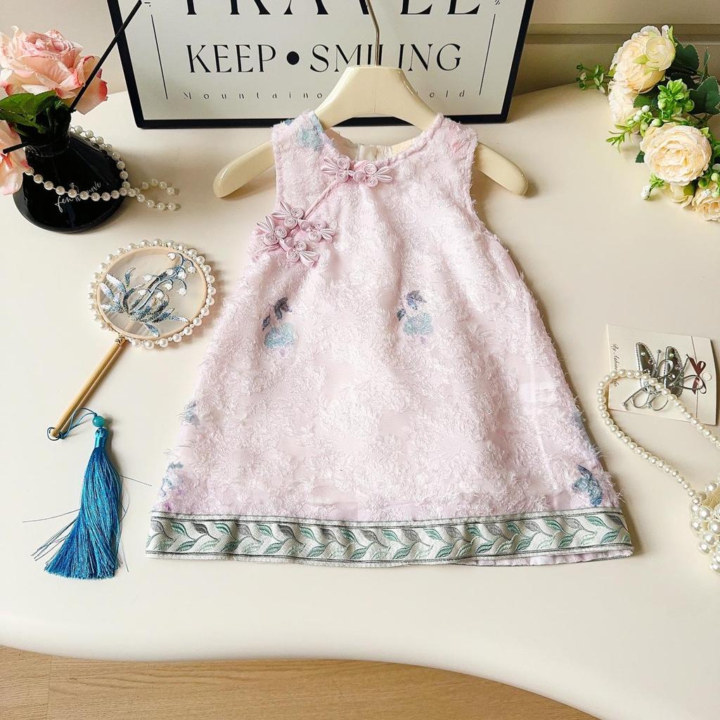 Sommer Hanfu Kleid für Mädchen ärmellos mit Froschknöpfen