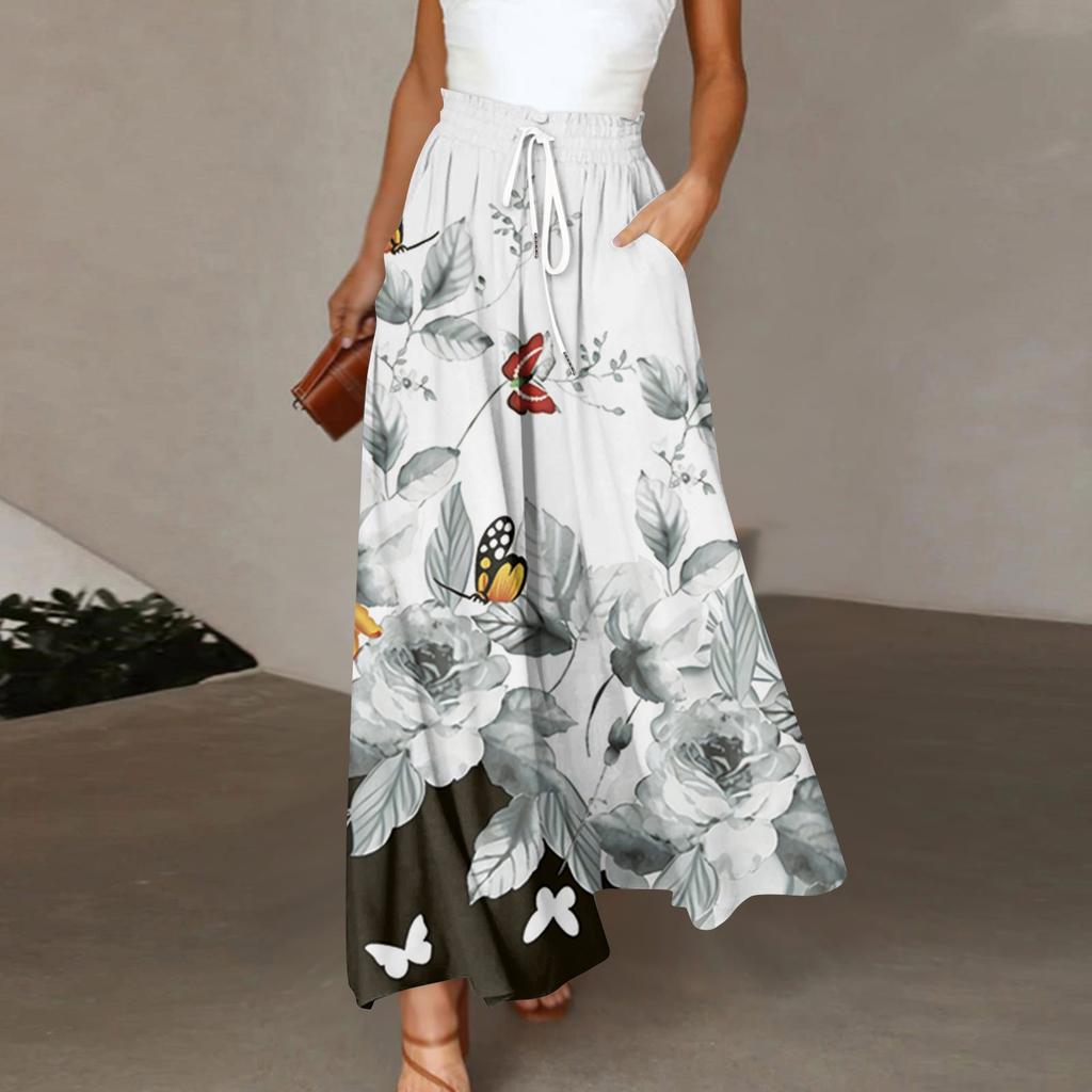 Women's Pants Boho Print Elastic High Waisted Pants Casual Wide Leg Long  Pant Trousers With Pocket