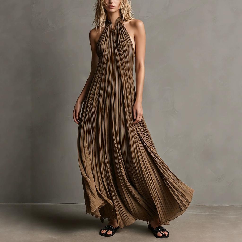 Women's clothing neck stand-up collar pleated pendulum dress, high-end sleeveless, backless, pleated, vacation dress