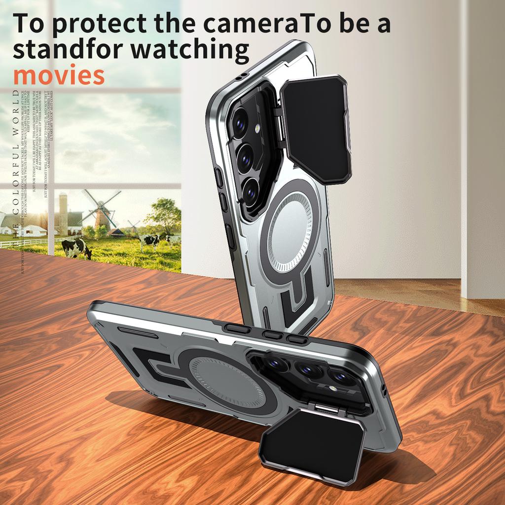 For Samsung Galaxy S25+/S24+ Case Compatible with MagSafe Lens Lid Kickstand PC+TPU Back Cover