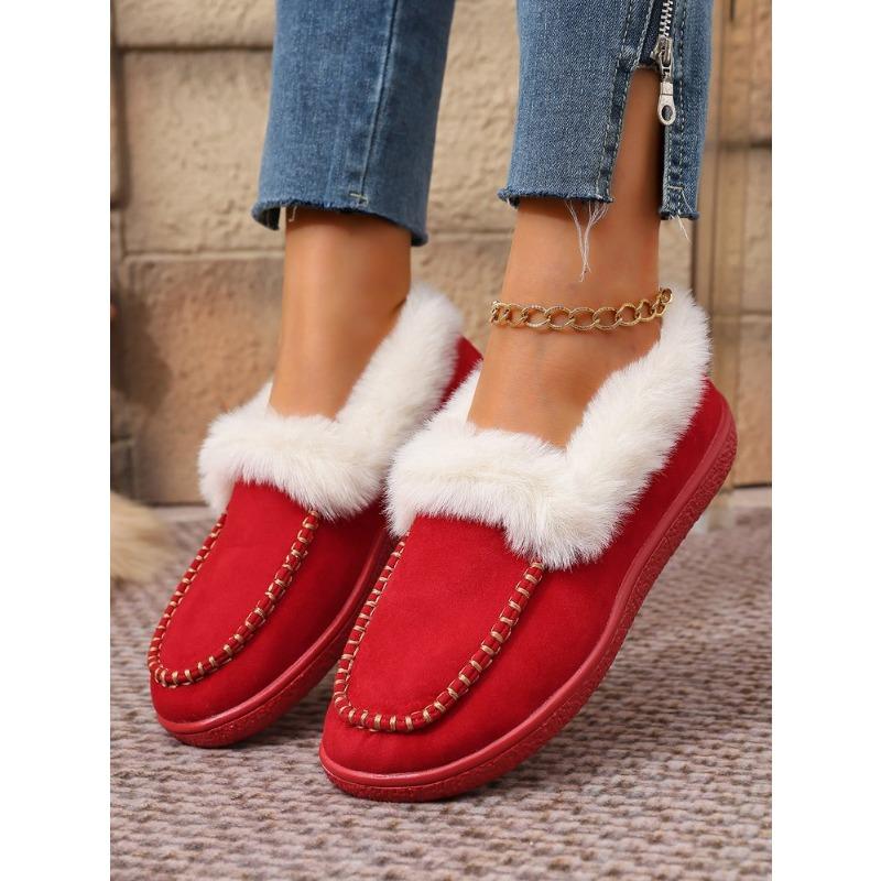 Women's Plus Size Furry Cuff Flat Cotton Shoes Autumn Winter Fleece Lined Warm Slip on Shoes