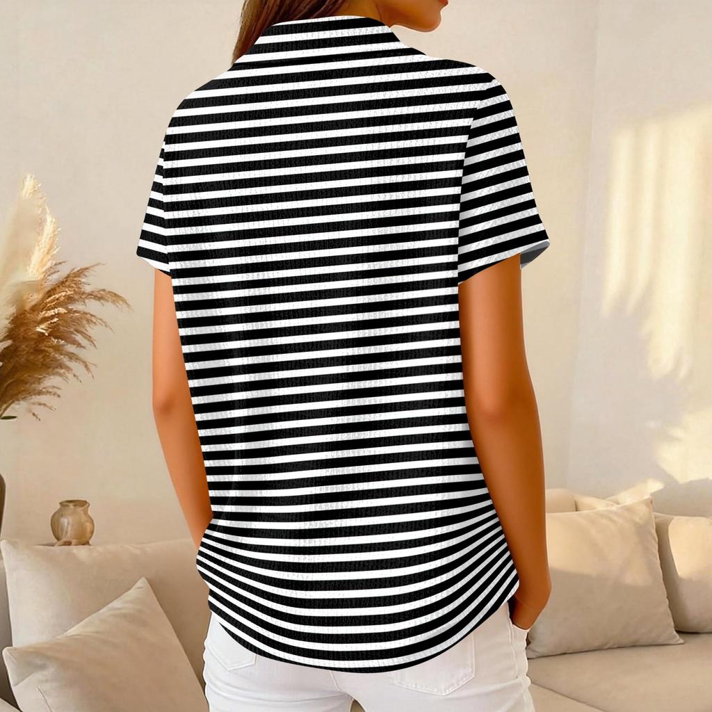 Women's Casual Short Sleeve Polo Shirt Waffle Texture Button Down Collar Top with Horizontal Stripes Pattern Suitable for Daily Wear