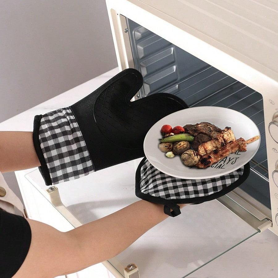 1Pc Thickened Oven Silicone Anti-scalding Glove, Kitchen Supplies, Plaid Printed Gloves Microwave Oven Silicone Thermal Insulation Gloves