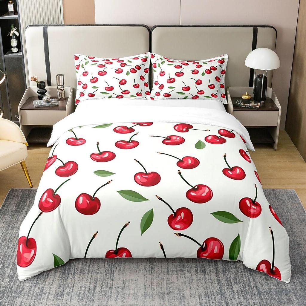 Comforter Pink Cherry Queen Size Cute Cartoon Fruit Comforter With Girl Kid Woman Breathable Bedding Set