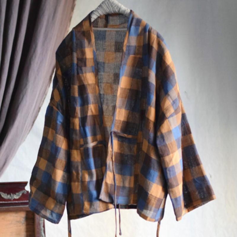 Johnature Women Vintage Plaid Chinese Style Loose Belt Spring Autumn Women Jackets