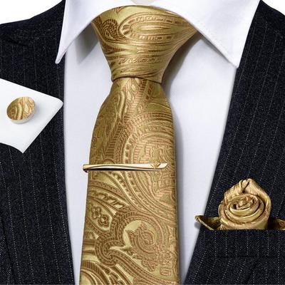 Kravaty pro muže Paisley Stripes Hedvábná kravata Hanky ​​manžetové knoflíčky Zlatá spona na kravatu pro svatební podnikání