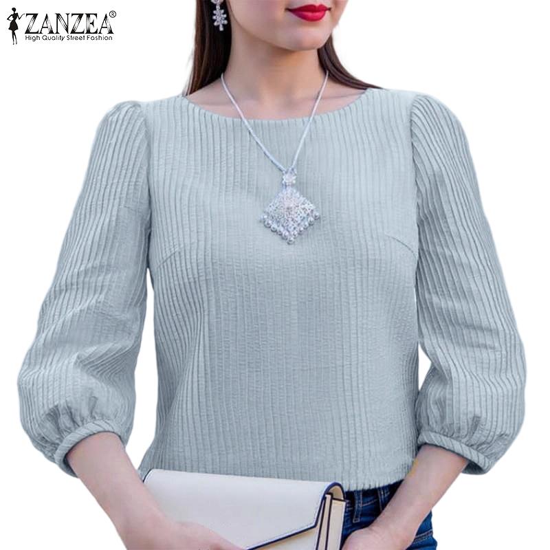 ZANZEA Women Casual O-neck 3/4 Sleeve Loose Pleated Blouse