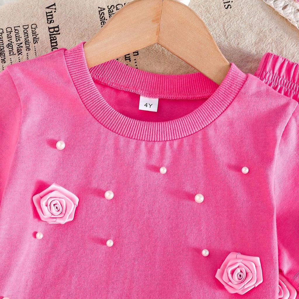 Girls' Rose & Pearl 2Pcs Short Sleeve Top & Pants Outfit