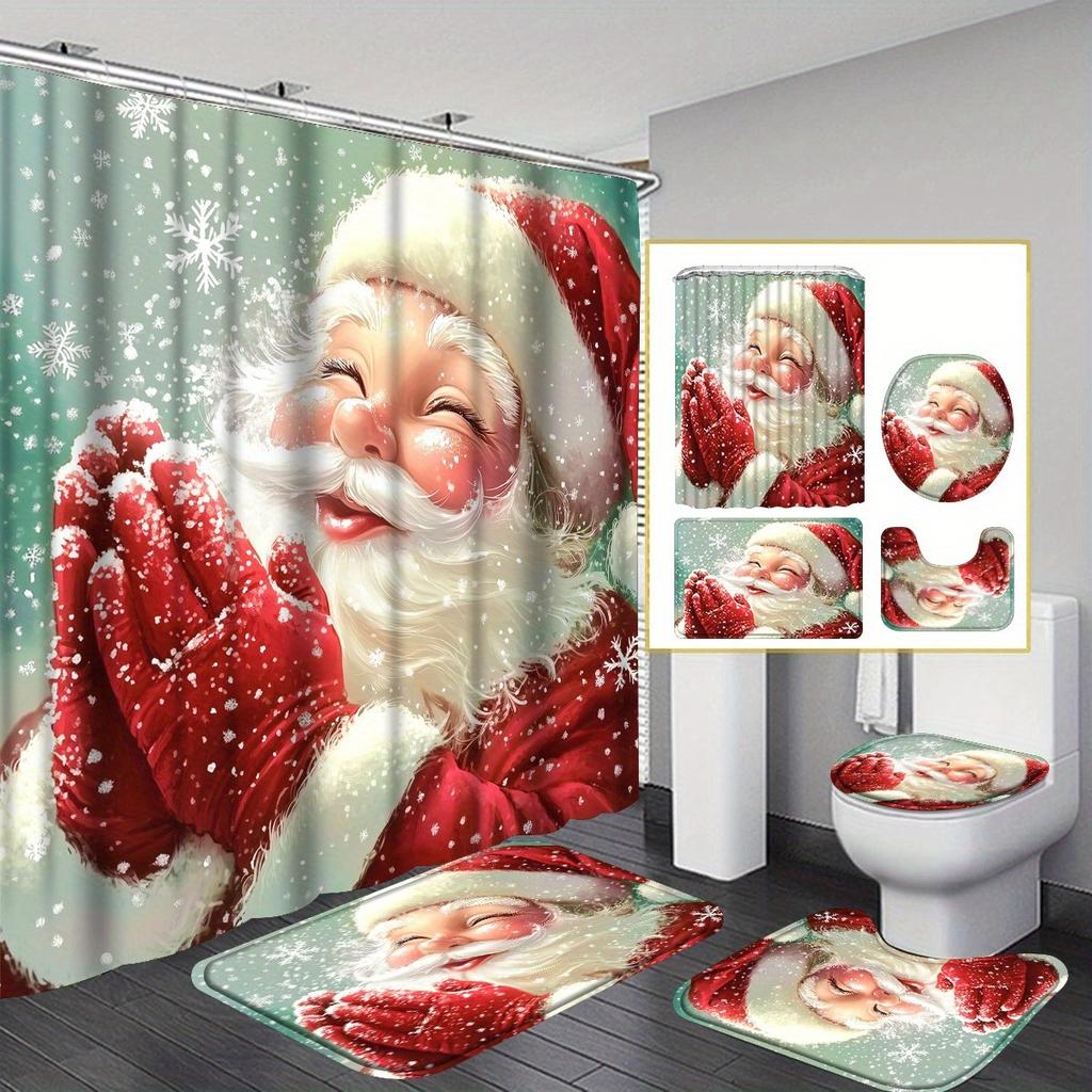 4Pcs Cute Santa Claus & Snow Shower Curtain Set with Non-Slip Bath Mat, Toilet Lid Cover, Contour Rug & 12 Hooks, Bathroom Decor