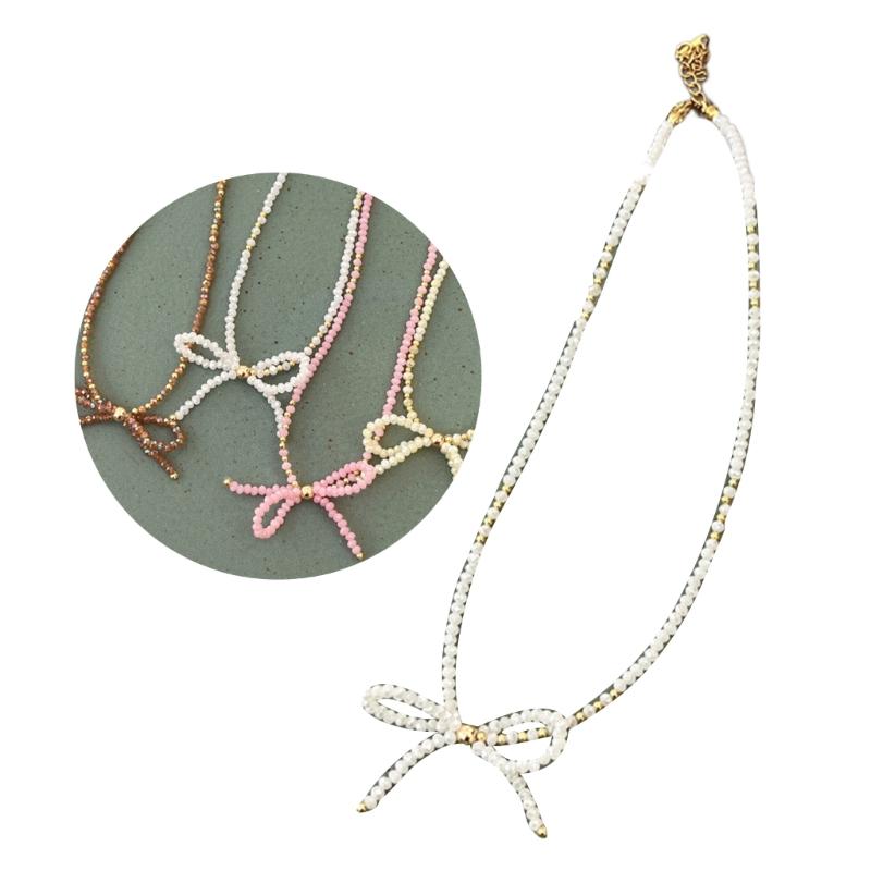 Delicate Beaded Choker Necklace with Bowknot Pendant Stylish Collar Necklaces Adjustable Chain  for Women and Girls