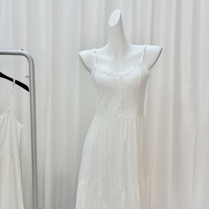 [Real shot] First love travel white suspender long dress for women s summer seaside vacation wear small white dress dress S