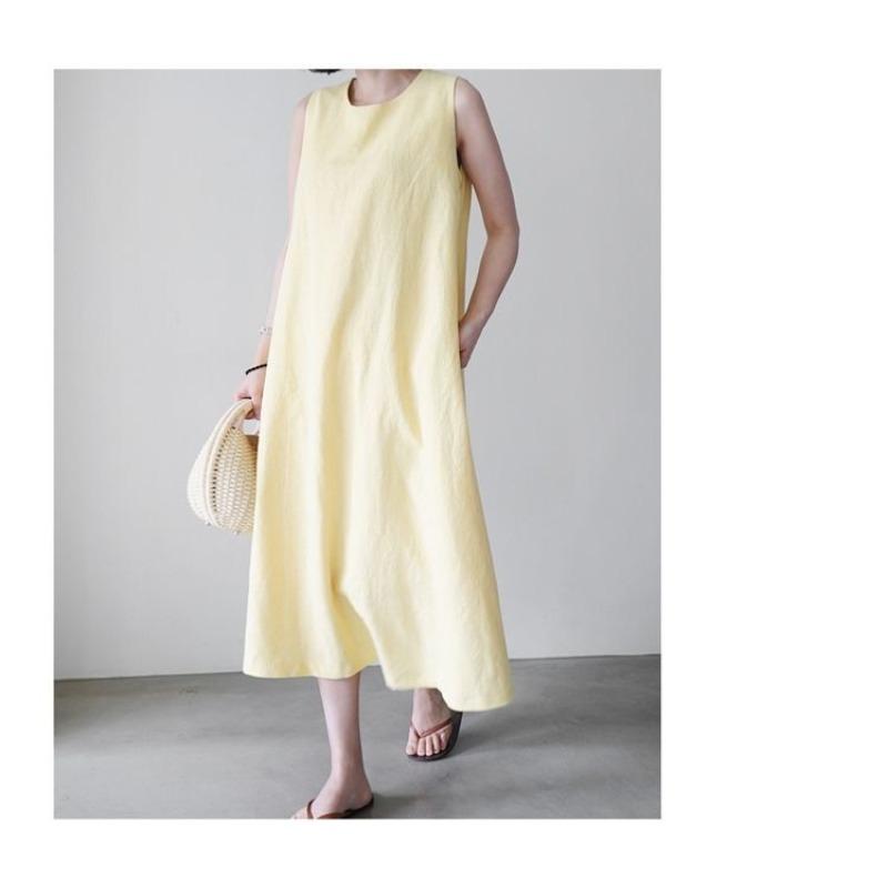Women Summer Vintage Cotton and Linen Long Tank Dress Sleeveless Loose Waist Large Hem Round Collar Midi Sundress