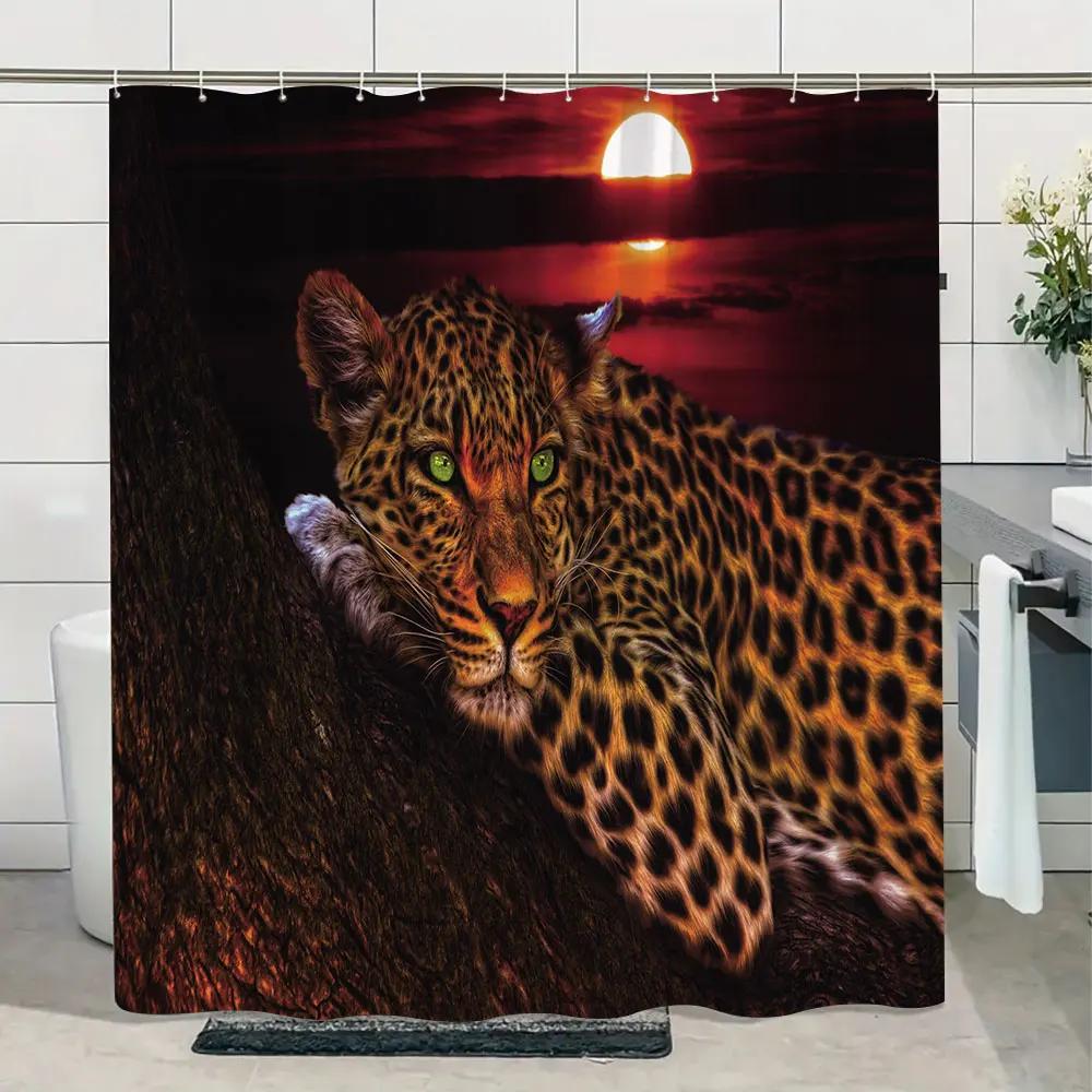 Jungle Wildlife Shower Curtain Tiger Plant Tropical Palm Leaf Polyester Fabric Shower Curtain Bathroom Decoration With Hooks S