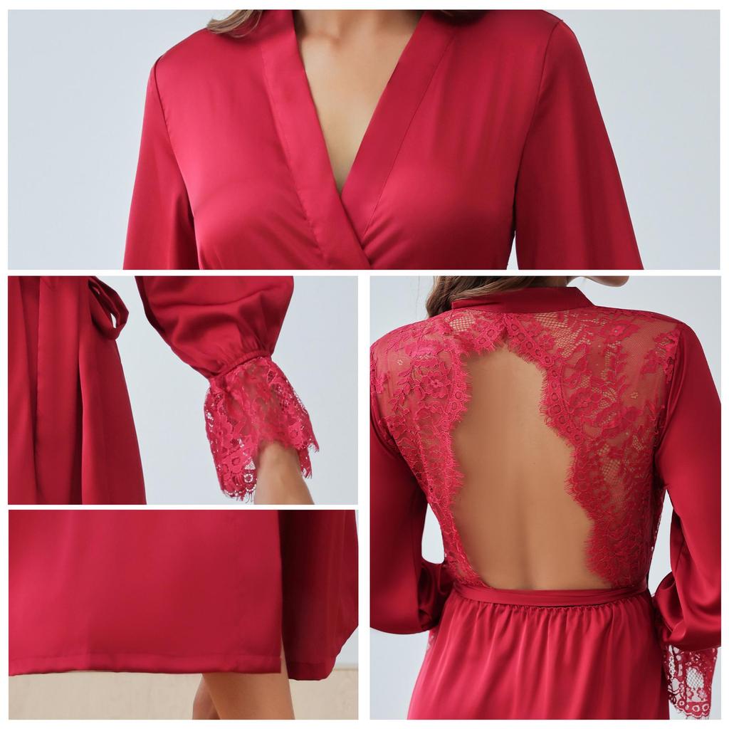 Yaoting Damen Satin Chiffon Nachthemd: Sommer Spitzen-Patchwork, Französisch Elegant, Sexy Rückenfreier Langer Morgenmantel.