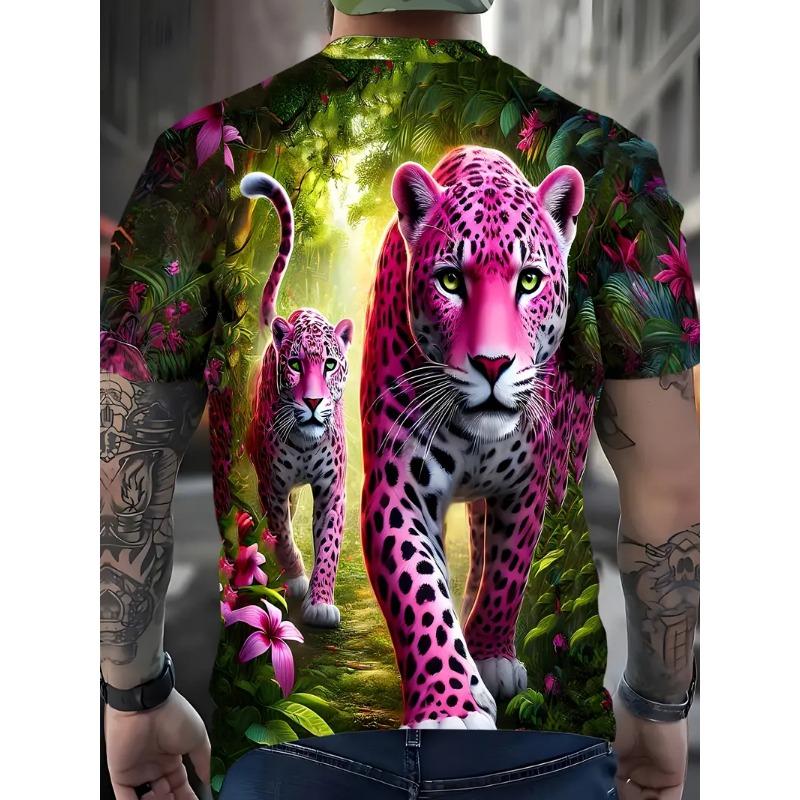 Men's Leopard Print T-shirt Sports Short Sleeved Crew Neck T-shirt for Summer Outdoor Fitness Workout Men's Clothing