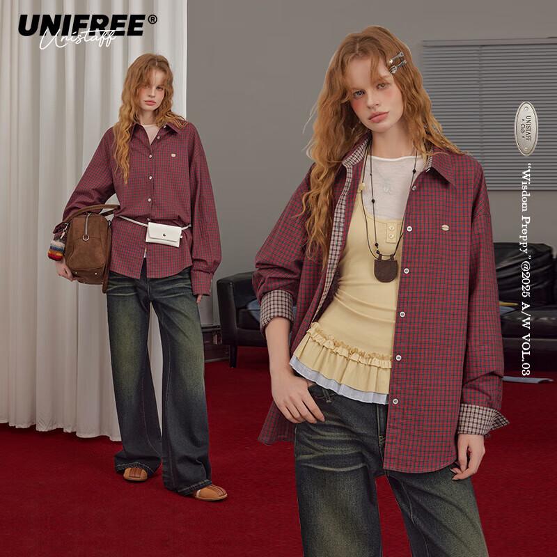 UNIFREE American Campus Style Colorblock Plaid Loose Long Sleeve Shirt S