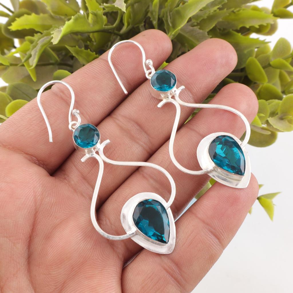 Natural Apatite Gemstone 925 Stamped Silver Handmade Earrings 2.07" Gift For Her EE-170-5