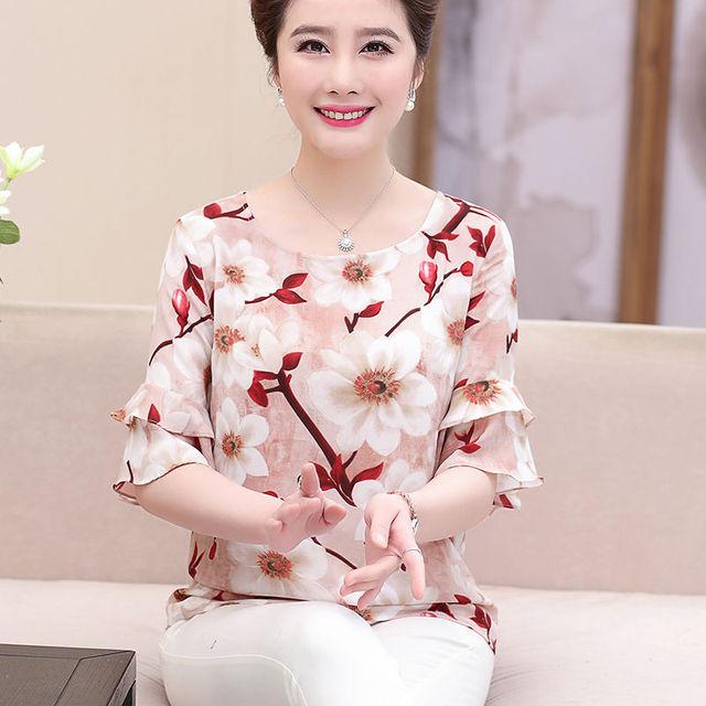 

Шифоновая рубашка для женщин, весна-лето, новая блузка с короткими рукавами, свободная футболка с половиной рукавов и верхом и низом с цветочным принтом XL розовый