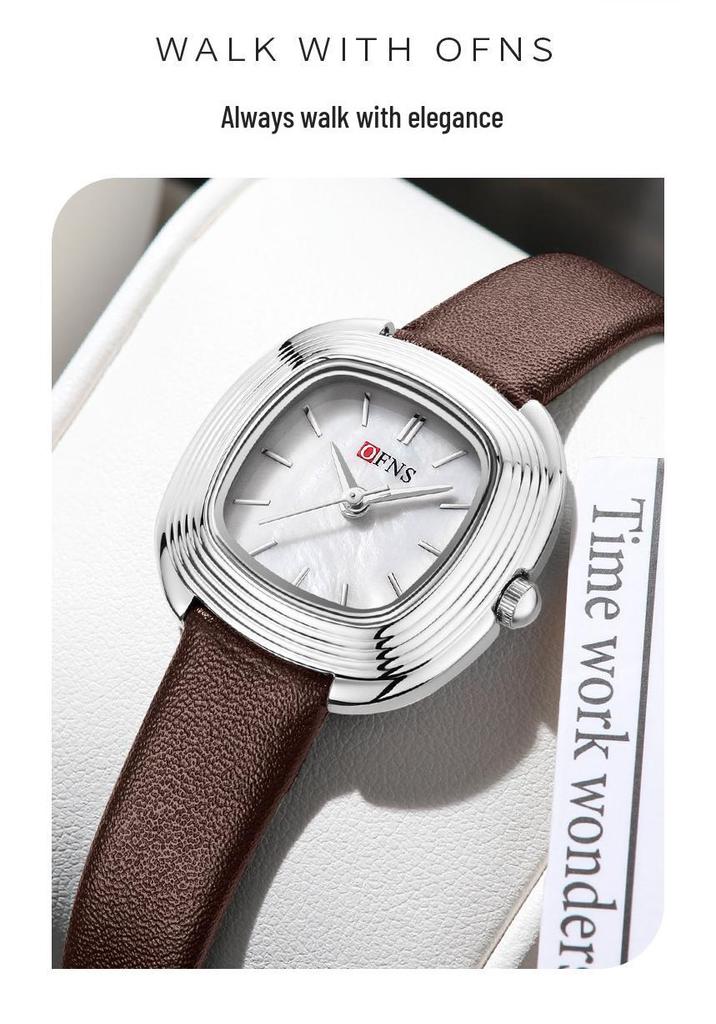 OFNS Women's Fashionable Lightweight Waterproof Quartz Watch with Small Leather Strap and Square Dial