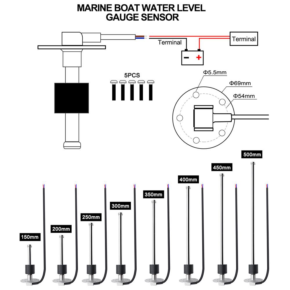 52MM Fuel Level Gauge With 0-190 Ohm Fuel Level Sensor 100-500mm Fit For Car Boat Marine Yacht Fuel level indicator 9-32V