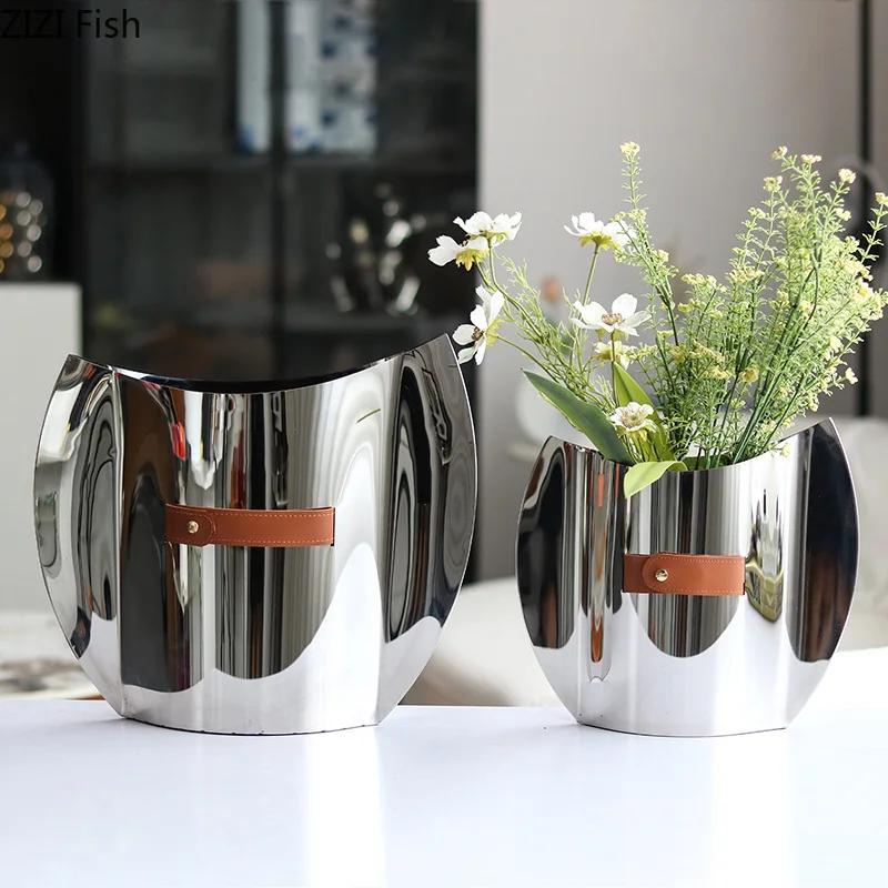 Silver Geometric Metal Vase Table Decoration Flowers Arrangement Artificial Flowers Decorative Vases Room Aesthetic Decor
