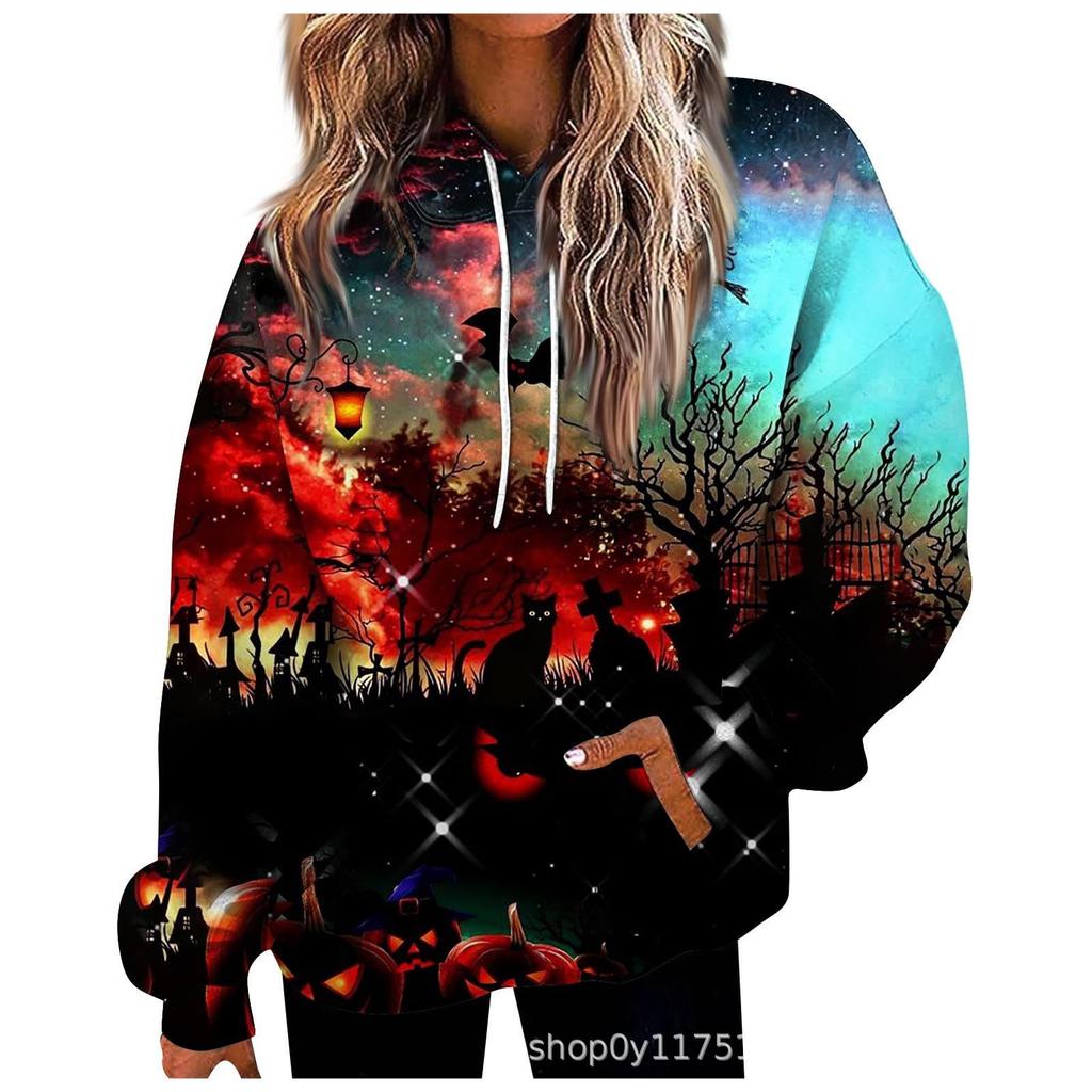 Autumn New Bat Women's Loose Hoodies Funny Pumpkin Head Ghost 3D Hoodies For Women's Sweatshirt Long Sleeve Pocket Hood Pullover