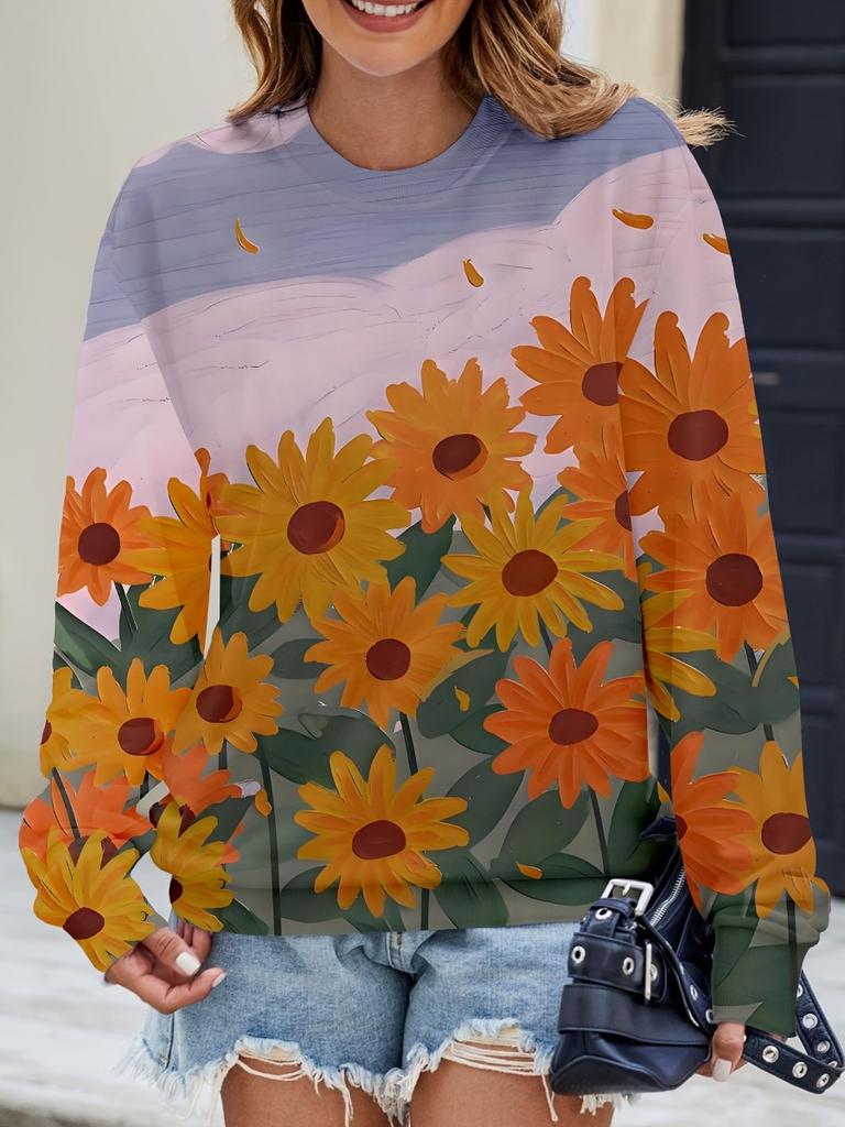 Neues Damen Buntes Schillerndes Blumenmuster Rundhals Sweatshirt Leicht Bequem Lässig Locker Übergröße Langärmliger Pullover