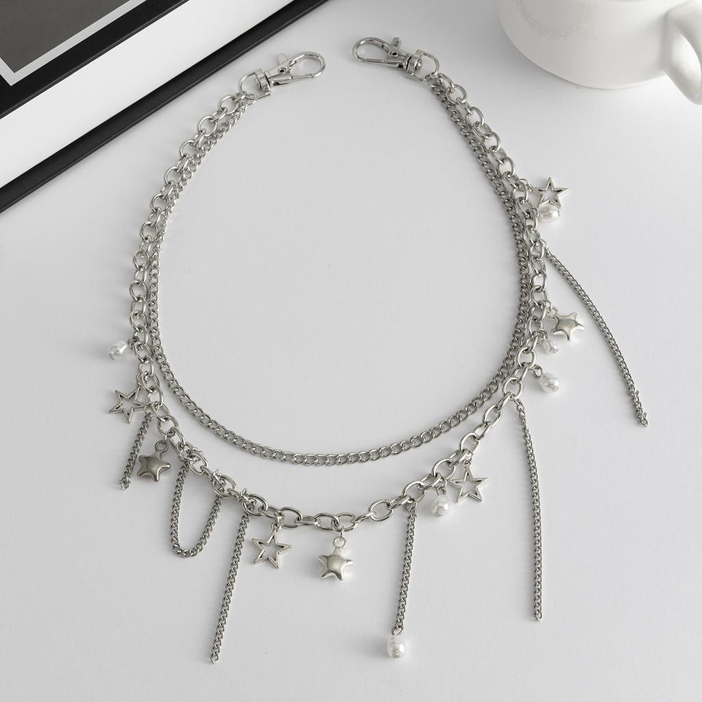 Minimalistische Stern Kreuz Kette Denim Anhänger INS Hip Hop Kunstperlen Quaste Hoschenkette für Männer Frauen Täglich Straße Party Accessoire