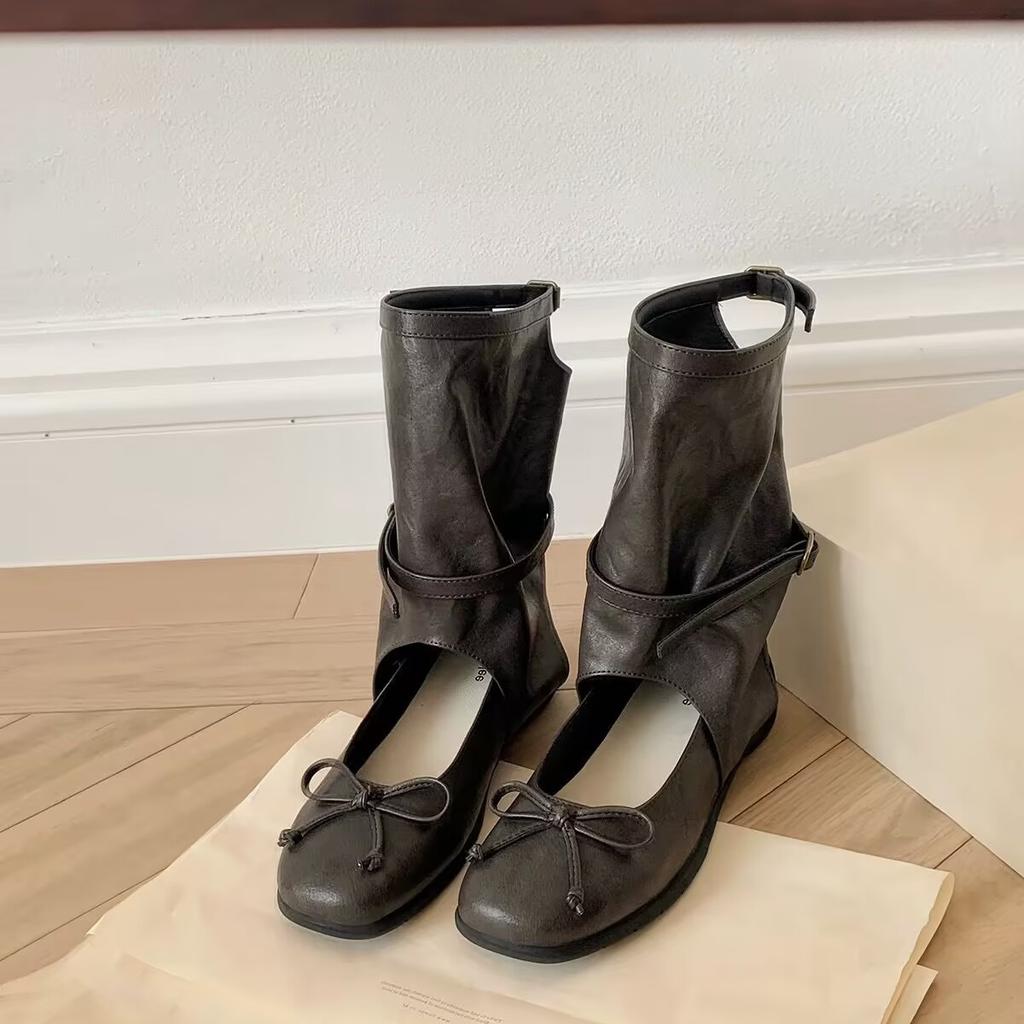 Lambskin heightening 5cm Maillard boots design sense round head bow cool boots ballet single shoes knight boots