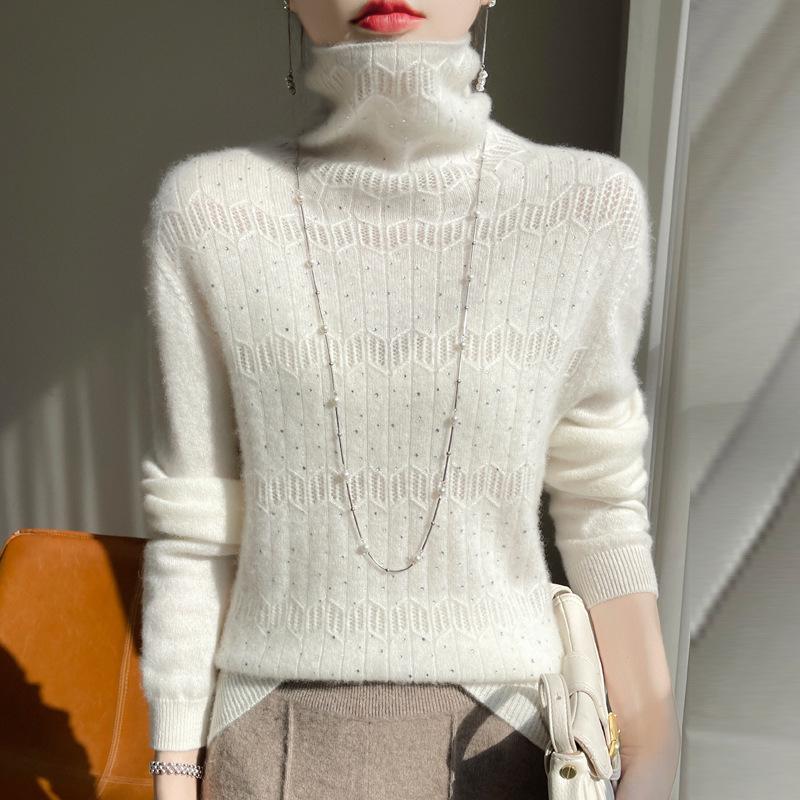 Women's 100% Pure Wool Rhinestone Turtleneck Sweater - Long Sleeve Jacquard Knit