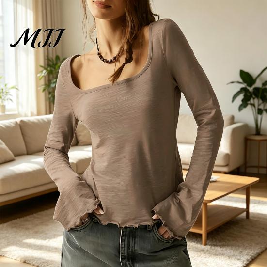Quadratkragen Bluse Damen Bluse, Rüschenmanschetten Saum Glockenärmel Oberteil, Tägliche Oberteile Atmungsaktiv Unifarben Lässiges Hemd für den frühen Herbst